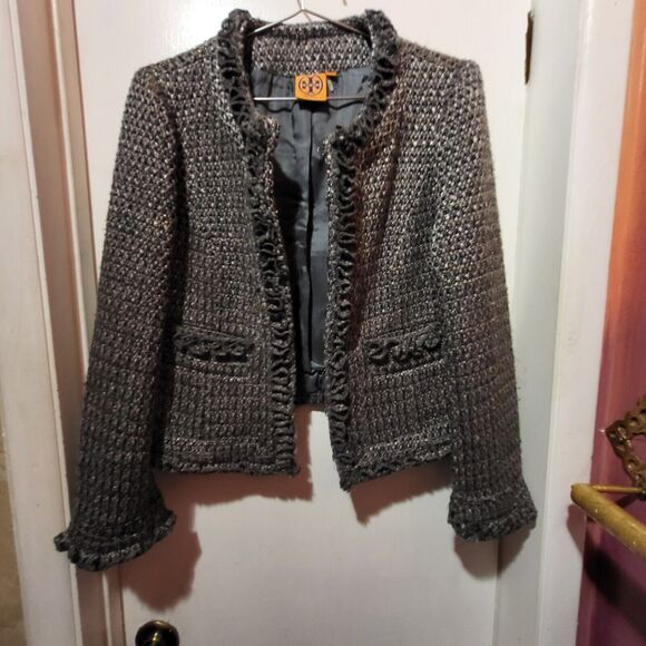 Tory Burch Retail $595 Grey Blue Tweed Pattern Fringe Trim Jacket Size 8 - Picture 10 of 10